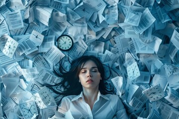 Fototapeta na wymiar Chaos and order theme Young woman amidst a whirlwind of papers and clocks Metaphor for time management and stress