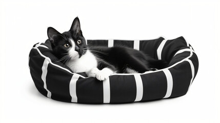 Black and white small dog/cat bed for indoor pets.