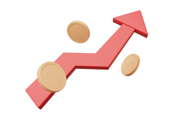 3D rendered illustration of financial concept including business development and success with arrow in upward direction with dollar gold coin isolated on transparent background.