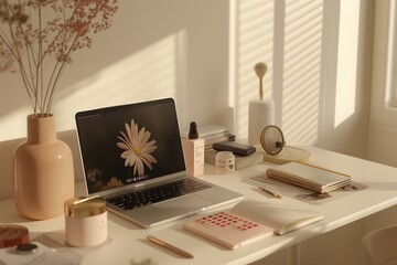 A clean, minimalist desk with a modern laptop, a small notebook, and a few key high-quality makeup items. 8k