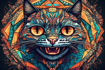 an cat face with intricate and colorful scared geometry design detailed eyes
