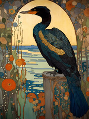 Decorative art nouveau illustration of a cormorant in an ornate decorative nature background with water and flowers