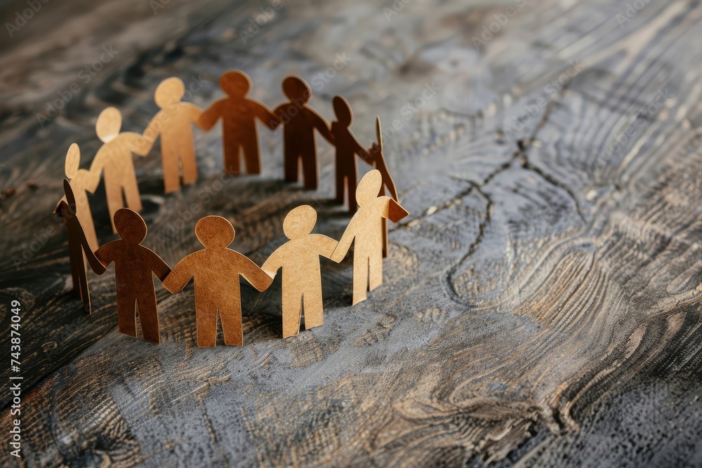 Poster community and unity concept illustrated with paper figures joining hands in a circle