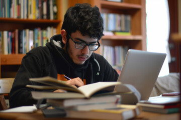 Man Studying With Laptop and Books at Table. Generative AI