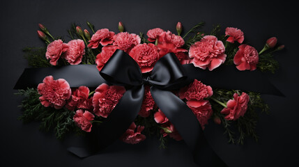 Black funeral ribbon with carnation flowers.
