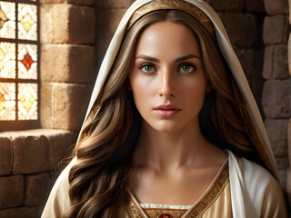 Naklejka premium Mary Magdalene's Devotion: Portrait of the Biblical Figure Mary Magdalene, Exuding Passion and Modesty. generative AI