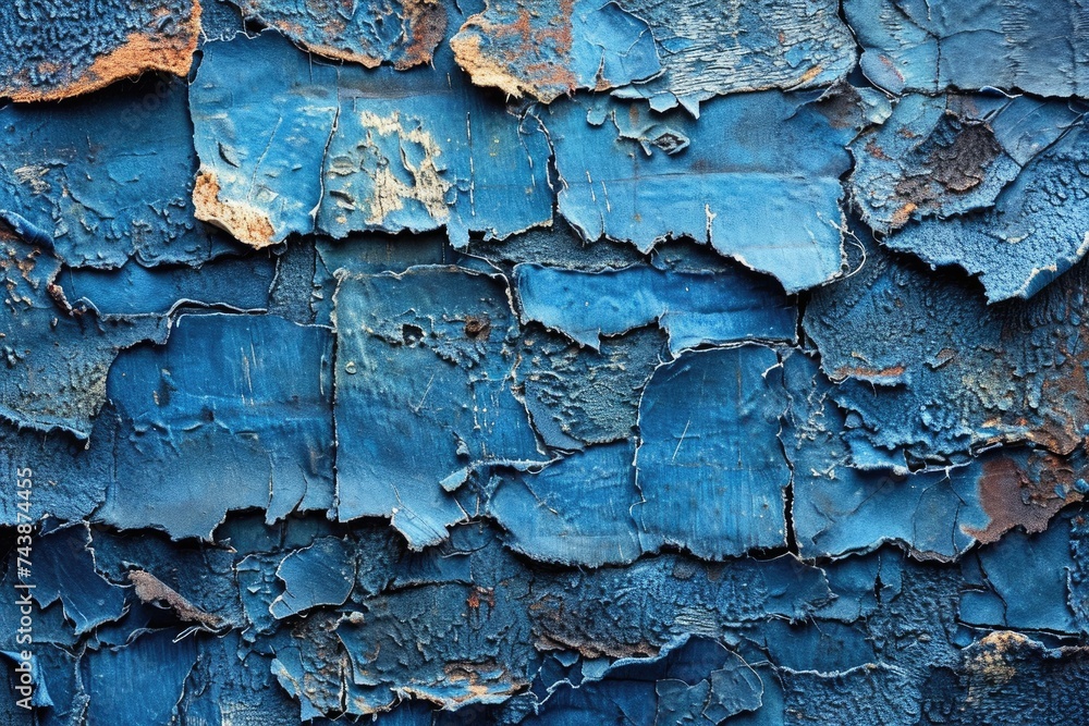 Poster a weathered blue wall reveals layers of peeling paint, creating a captivating contrast between the f