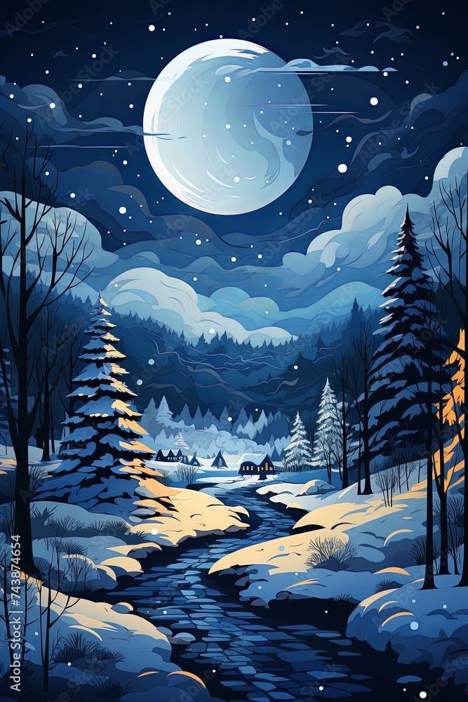 Poster snow blankets the ground as a stream gently flows through a forest of tall trees under the soft ligh
