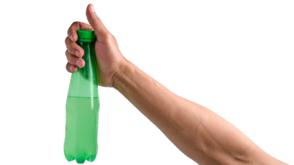 Hand-holding green plastic bottle isolated transparent background
