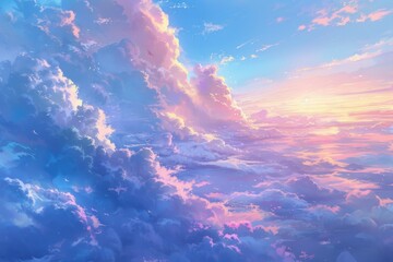 Colorful anime style sunset landscape oil painting wallpaper.