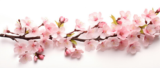 Blooming sakura pink cherry blossoms with stems and leaves on a white background created with Generative AI Technology