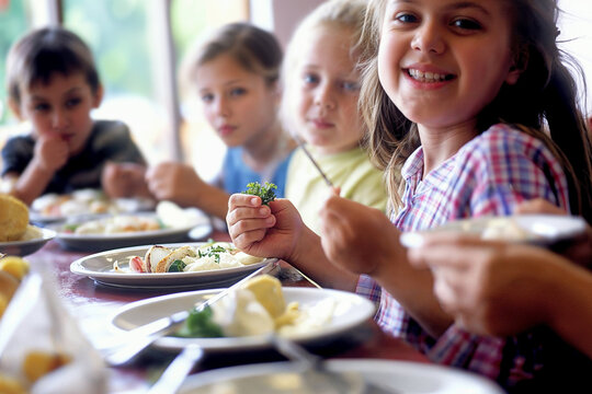 Group of children happily eating healthy vegetables at a school cafeteria, promoting good nutrition.

