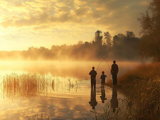 Father and child fishing on the shore of the lake