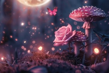 Enchanted forest with magical mushrooms  butterflies  and flowers at night.