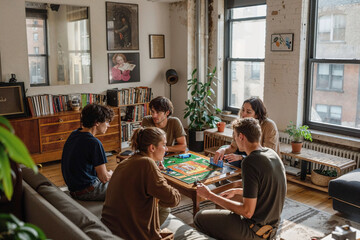 Candid shot of a Gen Z group engrossed in a board game, seated on the floor of a well-lit apartment, embodying leisure and camaraderie.

 - obrazy, fototapety, plakaty