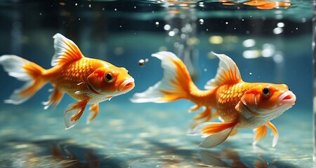 Animate a sequence of a goldfish gliding through a pond, with ultra-realistic attention to its fluid movements, the distortion of water around its body, and the vibrant reflections -Ai Generative
