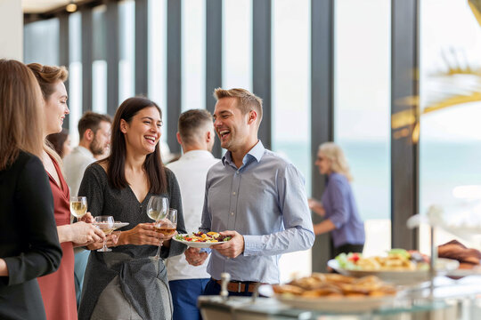 Group of professionals enjoying a light-hearted moment during a networking event, with drinks and snacks, in a modern office setting.


