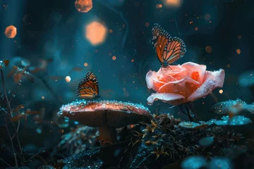 Tuinposter Enchanted forest with magical mushrooms  flowers  and butterflies at night © darshika