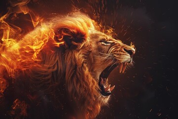 Fiery portrait of a majestic lion Embodying strength and courage Set against a dark background