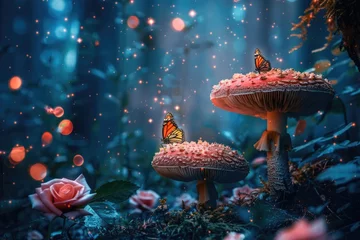 Tuinposter Enchanted forest with magical mushrooms  flowers  and butterflies at night © darshika