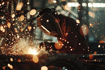 Focused welder at work With sparks flying against a backdrop of industrial ambiance and bokeh