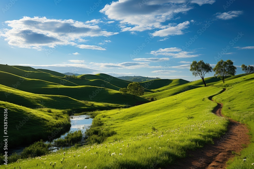 Poster a lush grassy hill with a tranquil river meandering through it, creating a peaceful and rejuvenating
