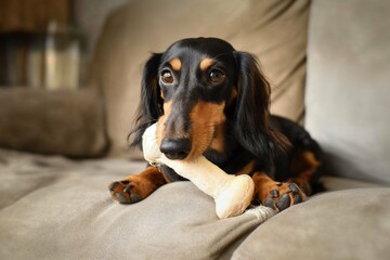 Dachshund with bone on couch