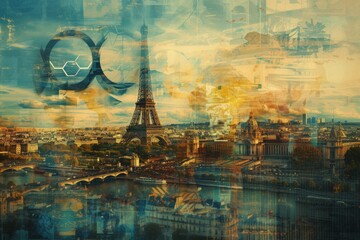 A dynamic digital collage featuring iconic French landmarks merged with Olympic symbols.  - obrazy, fototapety, plakaty