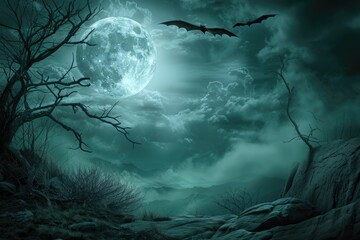 Moon In Spooky Night   Halloween Background With Clouds And Bats