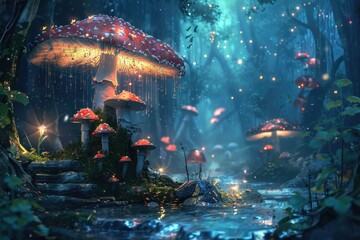 Fantasy 4K Mushroom Wallpaper with Jungle and Forest Background.