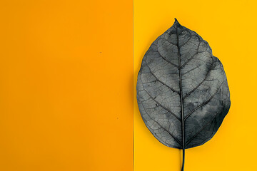 a leaf on yellow background with black shade in the s - obrazy, fototapety, plakaty