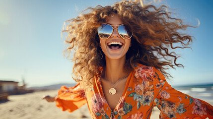 Happy smiling woman on beach with wavy hair wearing dark orange aquamarine floral patterned shirt and stylish sunglasses with dynamic optimistic attitude created with Generative AI Technology  - obrazy, fototapety, plakaty
