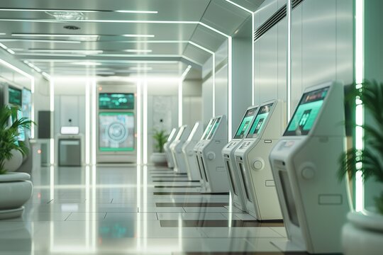 Futuristic bank interior with automated currency exchange kiosks and digital information panels. 8k