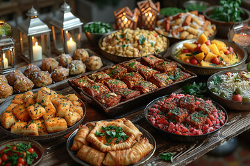 Fototapeta premium abundance of food and sweets prepared for the Eid Mubarak feast such as biryani, kebabs, samosas, and desserts like baklava and kunafa