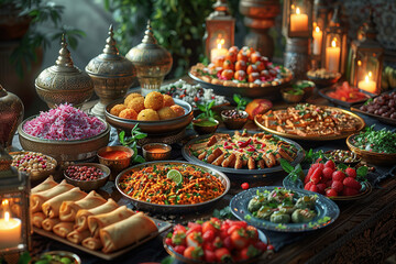abundance of food and sweets prepared for the Eid Mubarak feast such as biryani, kebabs, samosas, and desserts like baklava and kunafa - obrazy, fototapety, plakaty