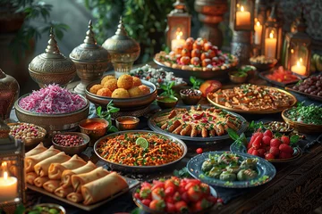 Foto op Aluminium abundance of food and sweets prepared for the Eid Mubarak feast such as biryani, kebabs, samosas, and desserts like baklava and kunafa © Digitalphoto 4U