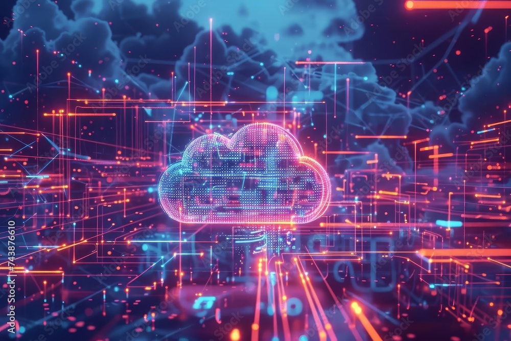 Aufkleber illustration of cloud computing technology showcasing connectivity and data storage in a digital clo