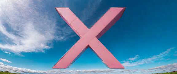 Symbol on the sky. A large pink X-marked structure floating in the blue sky.