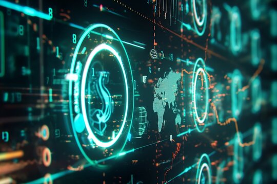 Futuristic currency exchange interface with holographic global currencies and touch-screen technology. 8k