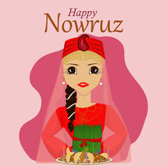 Happy Nowruz. Turk, Iranian spring hoiday greeting card. Novruz bayram postcard. Azerbayjani girl holding spring green wheat grass with pahlava and nuts. 