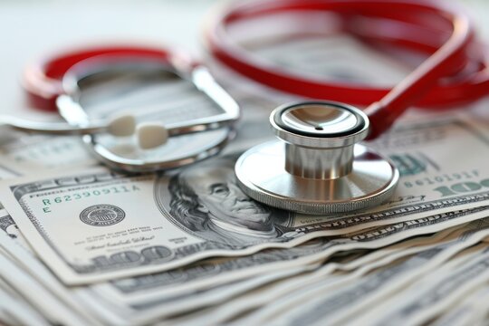 A concept of healthcare costs shown with a stethoscope lying on a stack of dollar bills, indicating medical expenses.
