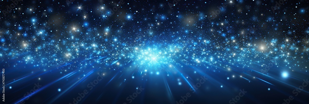 Poster A dark blue background is illuminated by bright lights and stars, creating a captivating and magical spectacle
