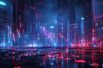 Panoramic digital landscape illustrating the volatile nature of the stock market With upward and downward trends depicted through dynamic graphs and glowing indicators Set against a futuristic backdro - obrazy, fototapety, plakaty