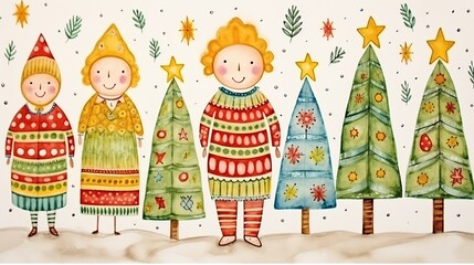 Obraz premium Three children wearing winter clothes are joyfully standing in front of beautifully decorated Christmas trees, with colorful ornaments and twinkling lights