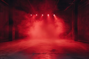 Dark stage with red background  neon lights  concrete floor.