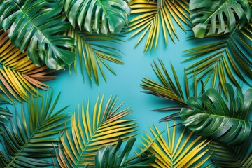 Colorful tropical palm leaves background for summer fashion concept. - obrazy, fototapety, plakaty