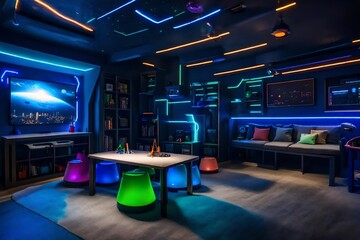 A spaceship-inspired playroom featuring rocket-shaped storage bins, glow-in-the-dark wall decals, and futuristic play furniture. - obrazy, fototapety, plakaty