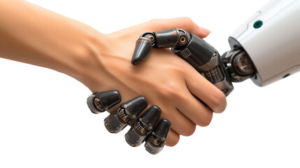 A human and a robot are shaking hands on transparent background.