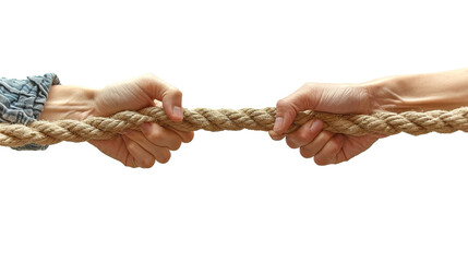Two people's hands are holding a rope in a tug of war on a transparent background. - obrazy, fototapety, plakaty