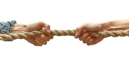 Two people's hands are holding a rope in a tug of war on a transparent background.